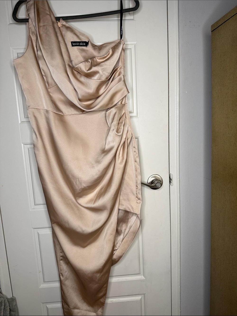 Lavish Alice One-Shoulder Satin Dress in Champagne